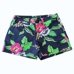Polo Ralph Lauren Women Shorts 10 Navy Blue Floral Linen Blend Tropical Hawaiian